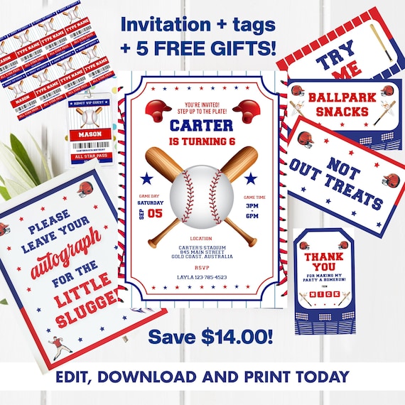 Baseball Birthday Invitation + Tags plus 5 FREE matching items ...