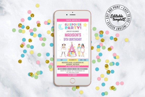 Sleepover birthday ticket Invitation that you can personalise, download and print or send as a text. Slumber party invitation, ticket invite Il_570xn