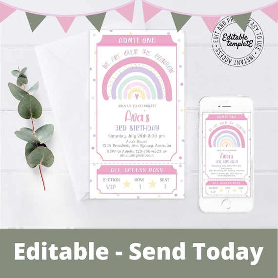 Rainbow invitation, Girls rainbow birthday ticket Invitation to ...