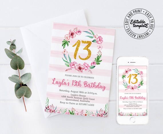 PINK ROSES digital Invitation that you can easily personalize and print yourself instantly. ROSES birthday party Invitation you can edit Il_570xn