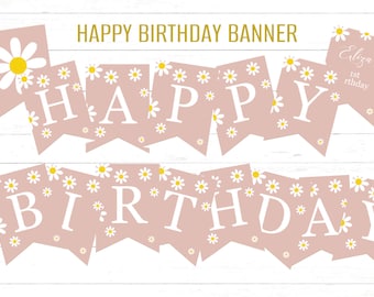 Editable Daisy Birthday Banner for instant editing and printing, Daisy Party Bunting, Instant Download Blush Daisy Capri Banner DO
