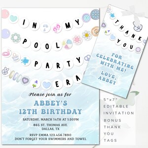 In My Pool Party Era Invitation Friendship Charm Bracelet Birthday Invitation Beads Invitation Editable Girls Pool Party Invitation FBS