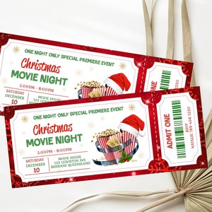 Kerstfilmavond Ticket Uitnodiging Kerstfilm Feestsjabloon Filmavond Afdrukbare Kerstfilmavond Feestsjabloon