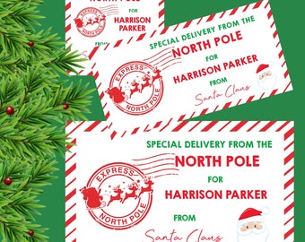 May include: Christmas-themed stationery with a festive design. The design includes a red and white striped border, the text "Special Delivery From The North Pole" and "For Harrison Parker From Santa Claus". A Santa Claus graphic is also included.