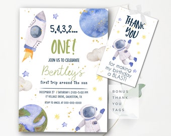 Boys First Birthday First Trip Around the Sun Birthday Party Invitation 1st Birthday Outer Space Invitation Astronaut Invitation Template