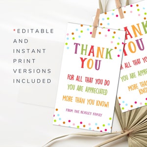 May include: Two white thank you cards with colorful text and polka dots. The cards say "THANK YOU" in large, multi-colored letters, followed by "FOR ALL THAT YOU DO YOU ARE APPRECIATED MORE THAN YOU KNOW!" and "FROM THE BEASLEY FAMILY."