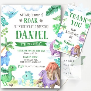 Editable Dinosaur Birthday Party Invitation Template Dinosaur Birthday Invite Dinosaur Theme Party Invite Dinosaur Thank You Tags  DIN1