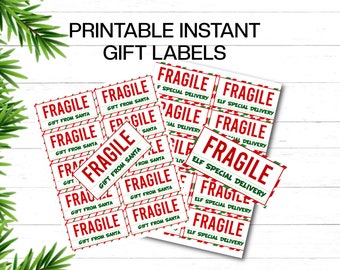 May include: Printable gift labels with the text "FRAGILE" in red on a white background. The labels also say "Gift From Santa" and "Elf Special Delivery". The image has a festive Christmas theme with green pine branches.