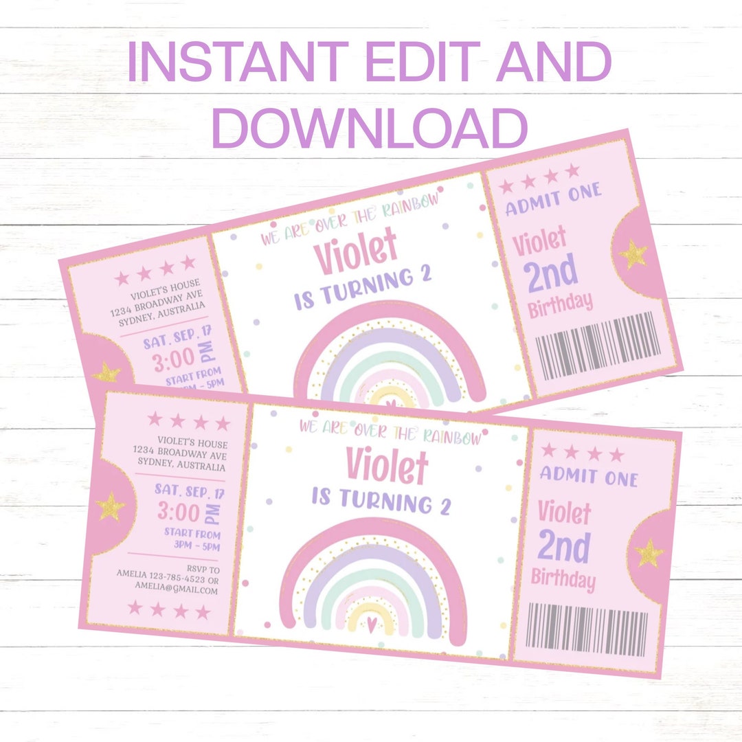 Editable Rainbow Birthday Ticket Invitation Editable Boho Rainbow ...