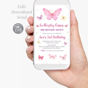 May include: A pink and gold butterfly birthday invitation with the text "butterfly kisses and birthday wishes" and "Ava's 3rd Birthday". The invitation includes the date, time, and location of the party.