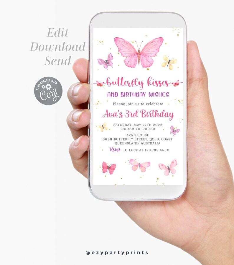 May include: A pink and gold butterfly birthday invitation with the text "butterfly kisses and birthday wishes" and "Ava's 3rd Birthday". The invitation includes the date, time, and location of the party.