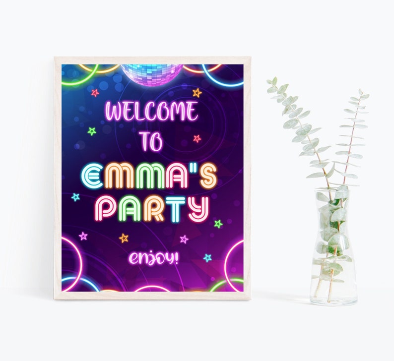 May include: A neon sign welcome party sign with a disco ball and the text "Welcome to Emma's Party! Enjoy!" in a purple background with colorful neon lights.
