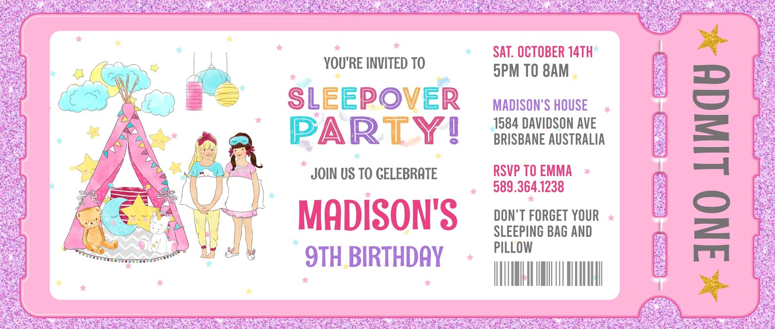 Birthday Ticket Invitation Ticket Sleepover Birthday | Etsy