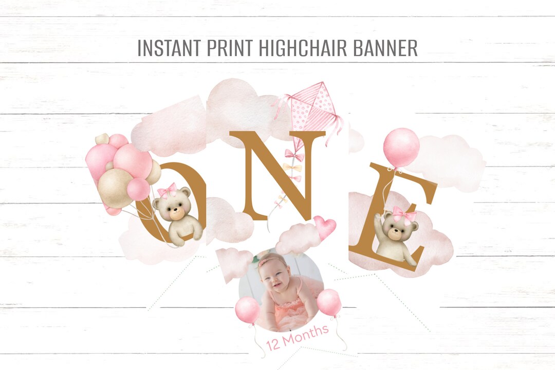 1st Birthday High Chair Banner Pink Bear Birthday Decoration Girls ...