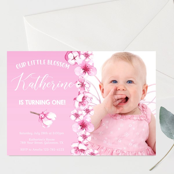 Editable Pink Flowers Birthday Invitation Japanese Cherry Blossom Invitation Pink Blossom Flower Birthday Photo Invite Instant Download  CB