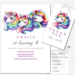 Unicorn Birthday Invitation Template Unicorn Invitation Unicorn Party Invitation Editable Rainbow Unicorn Invitation