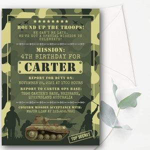 May include: A camouflage-patterned invitation for a 4th birthday party. The invitation features a tank, soldiers, and the text "Round Up The Troops! Mission: 4th Birthday for Carter".