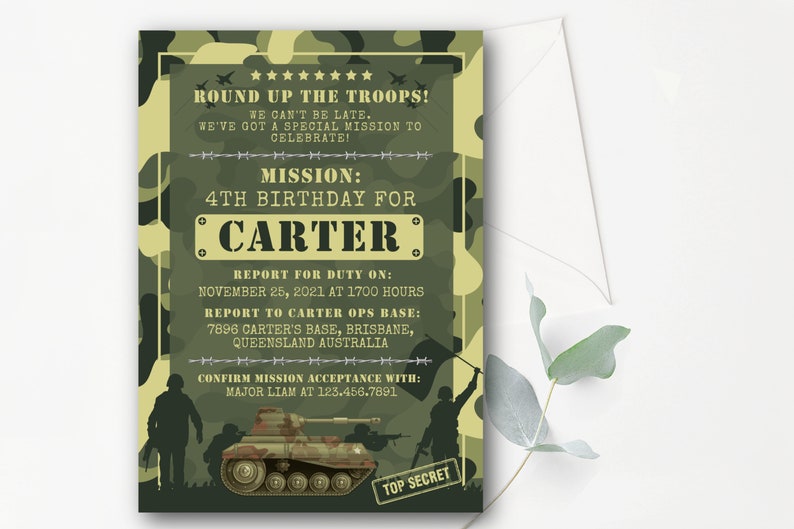 May include: A camouflage-patterned invitation for a 4th birthday party. The invitation features a tank, soldiers, and the text "Round Up The Troops! Mission: 4th Birthday for Carter".