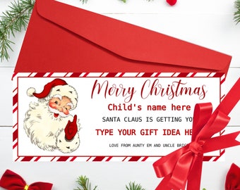 Vale de regalo de Navidad Plantilla editable de boleto de regalo de Navidad Vale de boleto de regalo sorpresa Regalo de Navidad de Papá Noel para editar, descargar e imprimir ahora