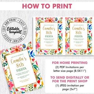 Puede incluir: Invitaci&oacute;n de cumplea&ntilde;os imprimible para un octavo cumplea&ntilde;os con un dise&ntilde;o floral y un marco dorado. La invitaci&oacute;n dice "&Uacute;nete a nosotros para celebrar el octavo cumplea&ntilde;os de Camila". El texto incluye la fecha, la hora y la ubicaci&oacute;n de la fiesta. La invitaci&oacute;n est&aacute; disponible en formatos PDF y JPEG.