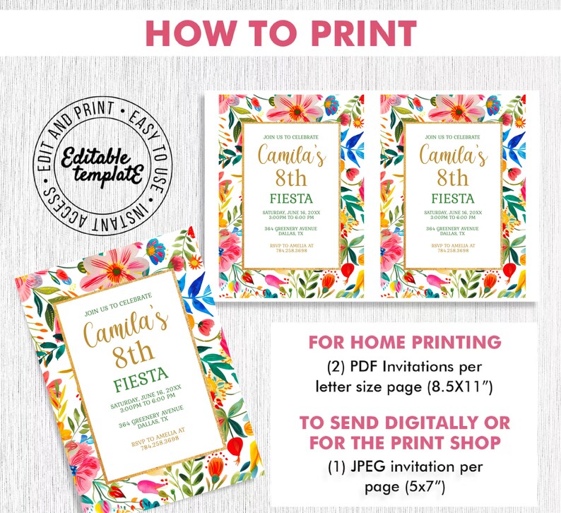 Puede incluir: Invitaci&oacute;n de cumplea&ntilde;os imprimible para un octavo cumplea&ntilde;os con un dise&ntilde;o floral y un marco dorado. La invitaci&oacute;n dice "&Uacute;nete a nosotros para celebrar el octavo cumplea&ntilde;os de Camila". El texto incluye la fecha, la hora y la ubicaci&oacute;n de la fiesta. La invitaci&oacute;n est&aacute; disponible en formatos PDF y JPEG.