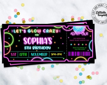 Editable Disco Party invitation, Glow Birthday Invitation, Disco Birthday Invitation, Glow in the dark invitation, Editable Glow party