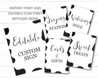 Cow Birthday Party Signs x 5 Black Cow Party Custom Signs Editable Cow Birthday Signs Bundle Printable Farm Signs Instant Download Bk