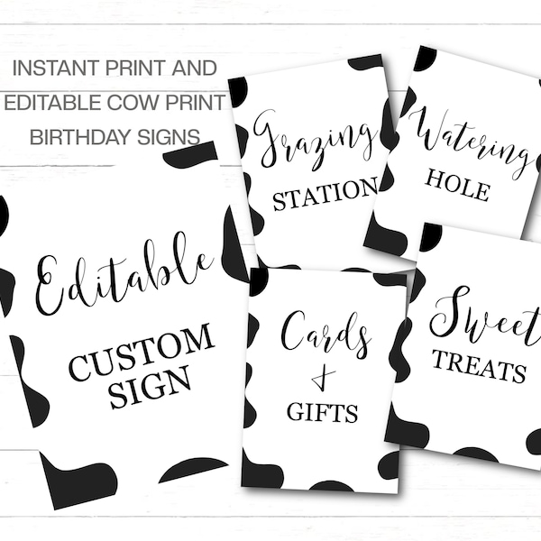 Cow Birthday Party Signs x 5 Black Cow Party Custom Signs Editable Cow Birthday Signs Bundle Printable Farm Signs Instant Download Bk