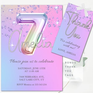 7th Birthday Invitation Editable Glitter Seventh Birthday Invitation Editable Girls Invitation Rainbow Foil Pastel Girl Seventh Birthday GPG
