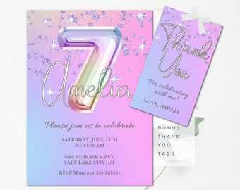 7th Birthday Invitation Editable Glitter Seventh Birthday Invitation Editable Girls Invitation Rainbow Foil Pastel Girl Seventh Birthday GPG