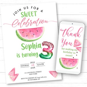 3e anniversaire modifiable invitation pastèque Invitation anniversaire pastèque + texte de remerciement/Tag Invitation troisième anniversaire invitation melon