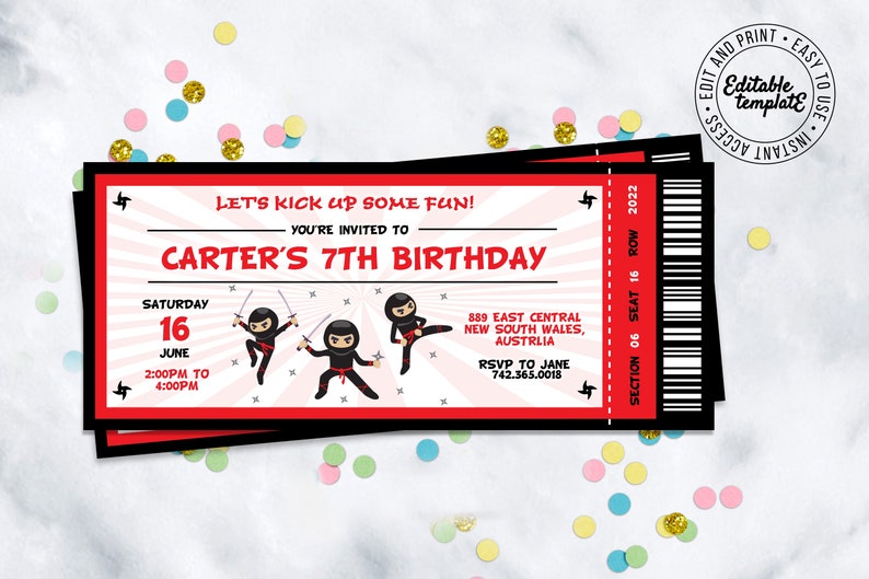 Op de afbeelding: Een rode en zwarte ticket-stijl uitnodiging voor een 7e verjaardagsfeest. De uitnodiging heeft een cartoon ninja en de tekst "Let's kick up some fun! You're invited to Carter's 7th Birthday".