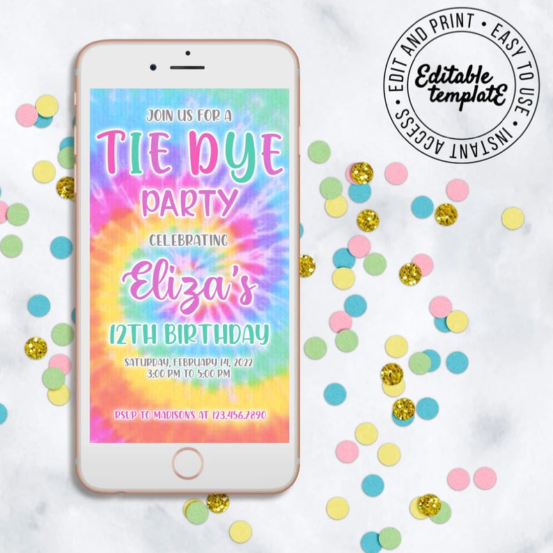 May include: A digital phone screen displaying a tie-dye themed birthday party invitation for Eliza's 12th birthday. The invitation includes the date, time, and location of the party. The background is a colourful tie-dye pattern.