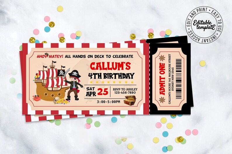 Pirate Birthday ticket invitation, Boys Ticket invitation, Birthday Invitation to edit, download instantly and print instantly. image 3