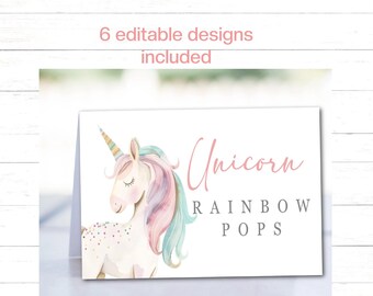 May include: A white card with a watercolor illustration of a unicorn with a rainbow mane and horn. The text "Unicorn Rainbow Pops" is displayed in pink and gray. The words "6 editable designs included" are at the top.