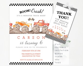 May include: A set of printable monster truck birthday party invitations and thank you tags. The invitation features watercolor monster trucks, the text "BOOM! Crash!" and party details. The thank you tag says "Thank You!"