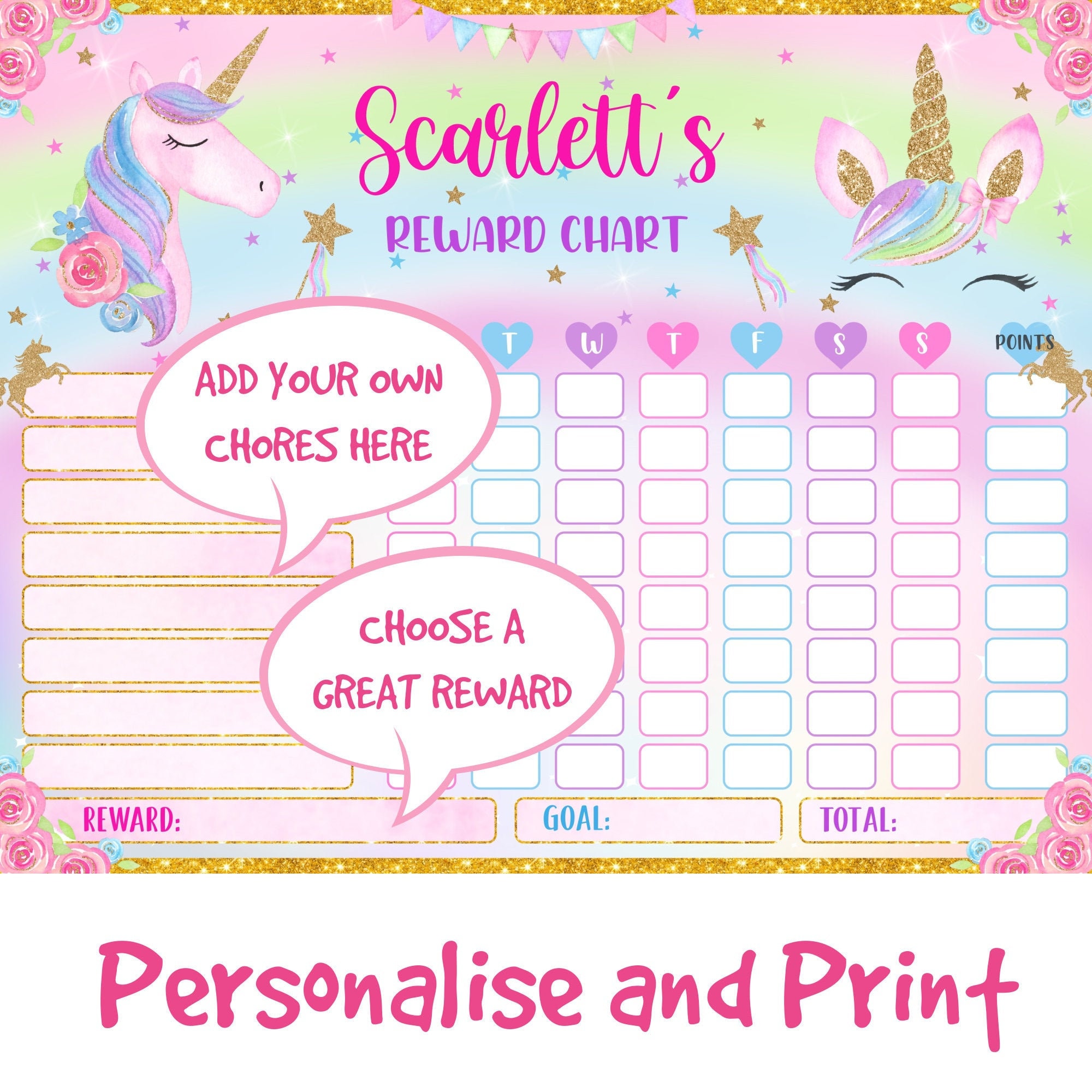 Editable Girls Chore Chart Reward Chart You Personalize and - Etsy ...