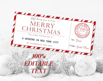 May include: A Christmas-themed ticket with a red and white striped border. The ticket reads "Wishing you a very Merry Christmas" and promises "A Weekend in New York City." It includes a Santa Claus stamp and is addressed "To: Gracie" from "Santa Claus."