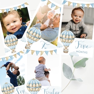 Premier anniversaire en montgolfière, collage de photos pour garçons, 1er anniversaire, bannière photo pour garçon, jalon mensuel, cartes-photos en téléchargement numérique, modèle BA