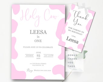 Cow Birthday Invitation Editable Holy Cow Girls Cow Party Template Minimalist Pink Cow Print Birthday Party Invitation Digital Download Pk