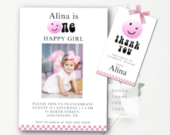 Girls First Birthday Invitation Editable Pink 1st Birthday Invitation Editable Girls First Invite Happy Face Invitation Instant Download HDP