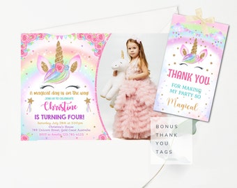 Editable Unicorn Invitation Rainbow Unicorn Invitation Unicorn Birthday Invitation Girls Invitation with Photo Unicorn Party TUP5