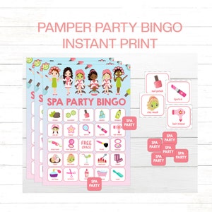 May include: A printable bingo card game with a spa party theme. The card features a grid of 25 squares with images of spa items like cucumbers, nail polish, and hair dryers. The card also includes the text "SPA PARTY BINGO".