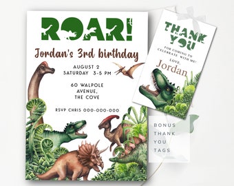 May include: Dinosaur-themed birthday party invitation and thank you tags. The invitation features the word "ROAR!" and the text "Jordan's 3rd birthday". The thank you tags say "THANK YOU" and "Love, Jordan".