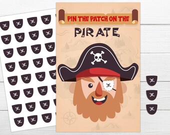 Puede incluir: Un juego imprimible para una fiesta de piratas. El juego se llama "Pin the Patch on the Pirate". El juego incluye un pirata con un parche en el ojo, un sombrero con una calavera y huesos cruzados, y una barba. También hay varios parches para ojos para sujetar al pirata.