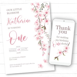 Cherry Blossom Birthday Invitation Editable Pink Cherry Blossom Birthday Party Invitation for Instant Editing Downloading and Printing