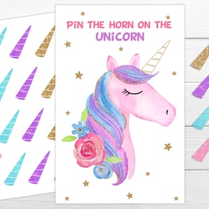 Unicorn Birthday Party Unicorn Party Game Pin the Horn on the Unicorn Printable Game Rainbow Unicorn Birthday Party Game Girls Party Game