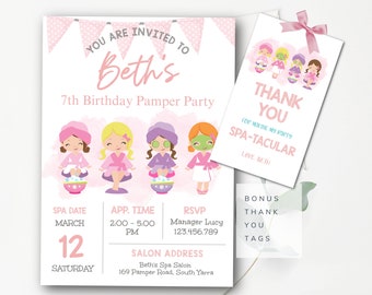 Pamper Party Invitation Template Spa Birthday Party Invitation Editable Glam Spa Pink Makeup Party Pamper Beauty Party Thank You Tags