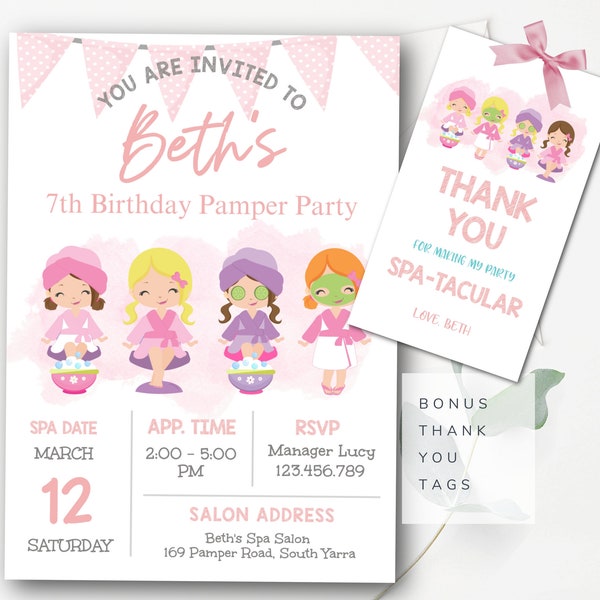 Pamper Party Invitation Template Spa Birthday Party Invitation Editable Glam Spa Pink Makeup Party Pamper Beauty Party Thank You Tags