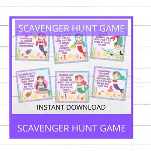 May include: A set of six printable mermaid-themed scavenger hunt game cards. Each card features a different mermaid illustration and a rhyming clue. The cards have a glittery background.